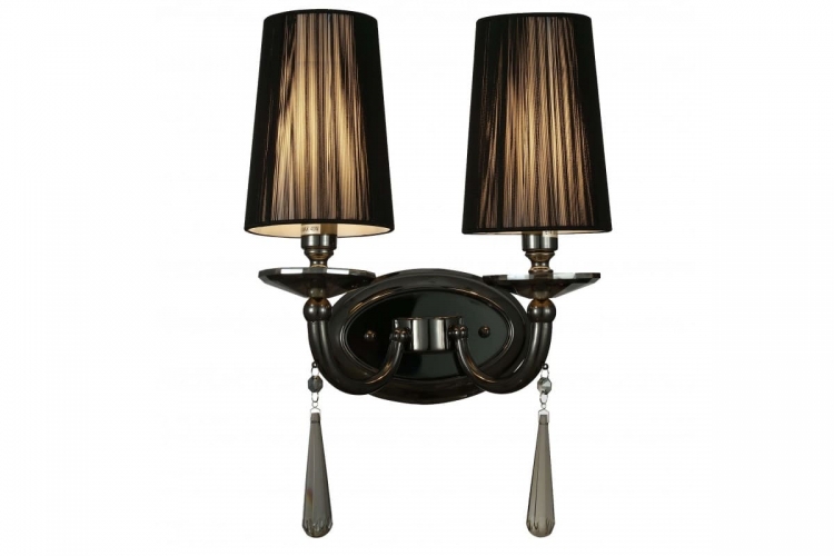 Applique lampada da parete muro classico in metallo, tessuto e cristalo con due punti di luce Fabione W2 colore Nero