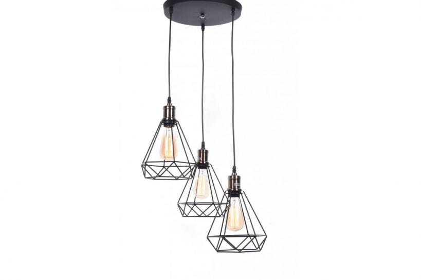 Lampada a sospensione vintage in gabbia di metallo colore nero con tre punti luce Cobi W3 