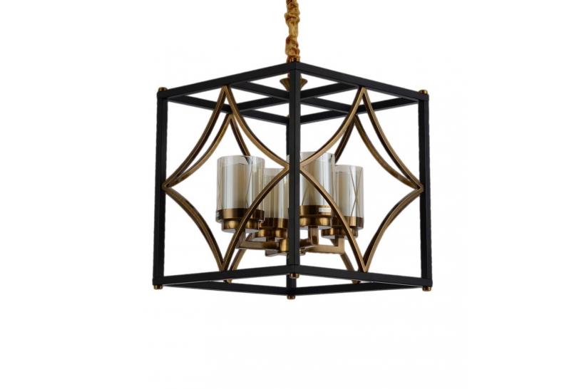 Lampadario a sospensione in stile industriale vintage gabbia metallo colore nero ottone paralume vetro 4 luce QUADRATO