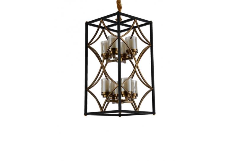 Lampadario a sospensione stile industriale vintage in gabbia di metallo colore nero e ottone QUADRATO DUO