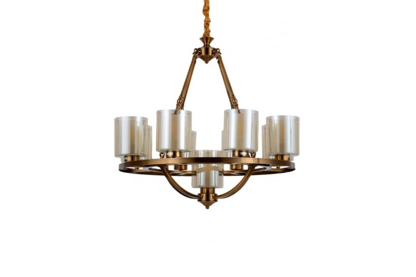Lampadario a sospensione in stile industriale vintage di metallo colore ottone con paralume in vetro 9 punti di luce SANTINI W9 Lampadario a sospensione in stile industriale vintage di metallo colore ottone con paralume in vetro 9 punti di luce SANTINI W9
