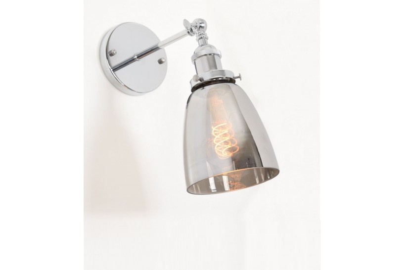 Applique lampada da parete da muro vintage Cromato con angolo regolabile a forma vaso in vetro grigio oscurato Fabi