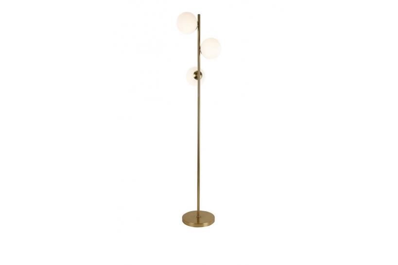 Lampada da terra di design moderno con tre paralumi in vetro bianco FREDICA W3, materiale di lampada metallo in colore oro