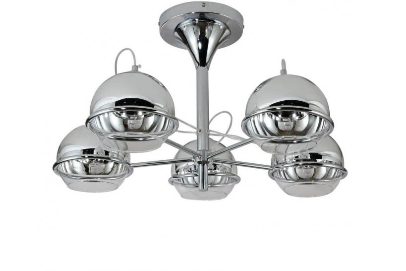 Plafoniera moderno di design cromato con 5 diffusore sferico in vetro colorato metà cromo e metà trasparente VERONI W5. Plafoniera moderno di design cromato con 5 diffusore sferico in vetro colorato metà cromo e metà trasparente VERONI W5.