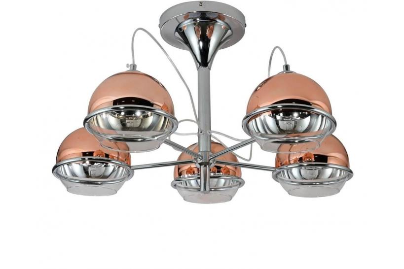 Plafoniera moderno di design cromato con 5 diffusore sferico in vetro colorato metà oro rosa e metà trasparente VERONI W5. Plafoniera moderno di design cromato con 5 diffusore sferico in vetro colorato metà oro rosa e metà trasparente VERONI W5.