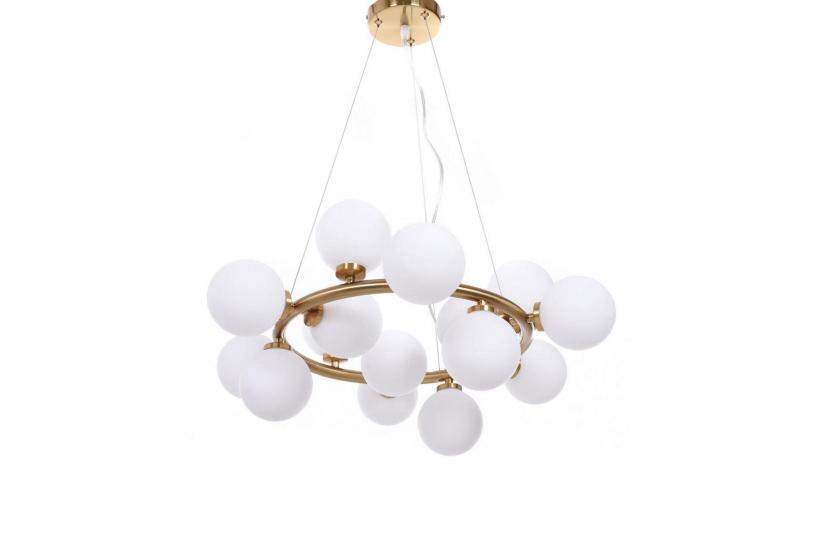 Lampadario a sospensione moderno di design con 15 luci a sfera in vetro bianco in metallo colore ottone MARSIADA W15