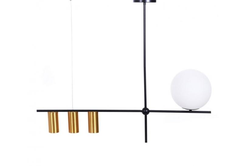 Lampadario a sospensione moderno di design con una sfera in vetro bianco + 3 con paralume forma di tubo in metallo DRINO W4.