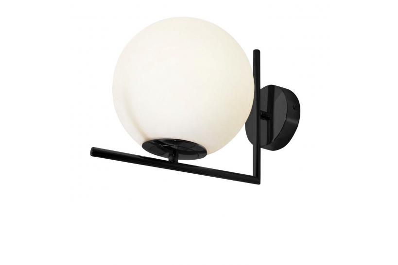 Applique lampada da parete moderno di design nero con una sfera in vetro bianco SORENTO D20