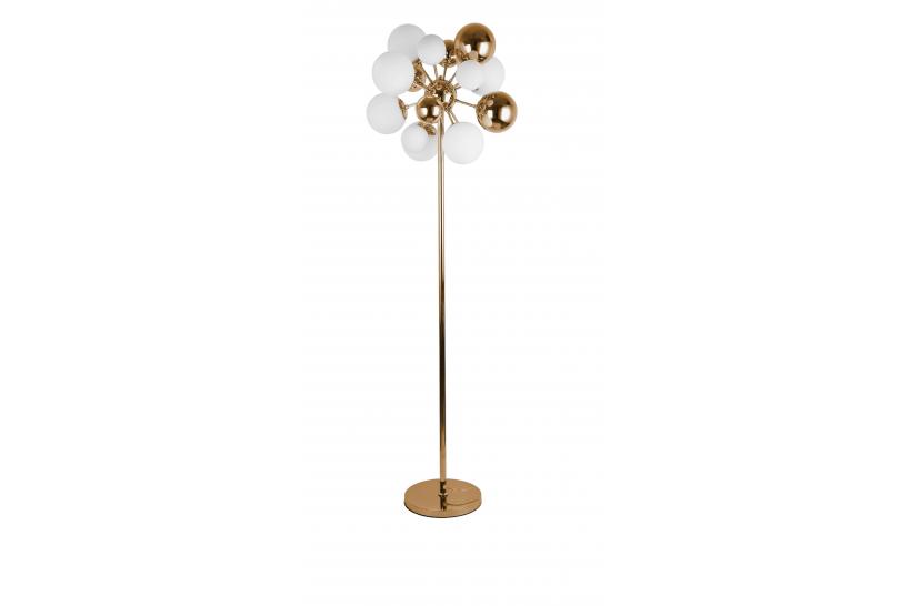 Lampada da terra di design moderno struttura e base in metallo colore oro 10 paralumi sfera di vetro bianco Galaksida