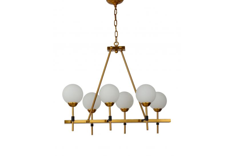 Lampadario a sospensione moderno di design in metallo colore ottone con 6 luci a sfera in vetro bianco ALDONO W6