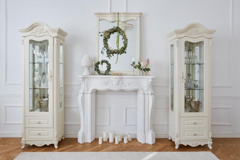 vetrine classiche avorio bianche in legno con cassetti per soggiorno