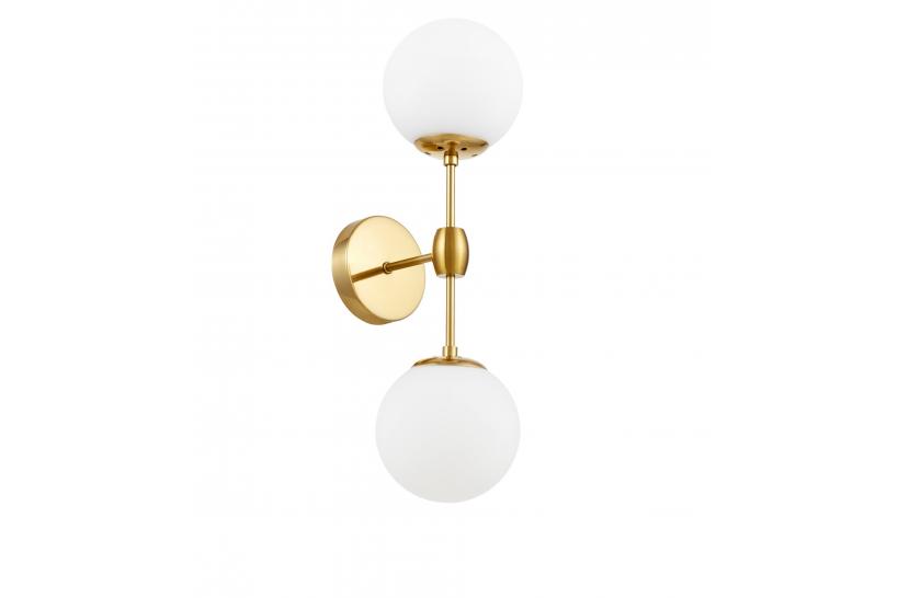 Applique lampada da parete moderno di design in metallo colore ottone con paralumi sfera in vetro colore bianco Zodiak W2