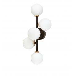 Applique lampada da parete moderno di design in metallo colore nero e oro con 5 luci a sfera in vetro bianco MARSIADA W5