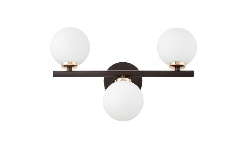 Applique lampada da parete moderno di design in metallo nero e oro con 3 luci a sfera in vetro bianco MARSIADA W3