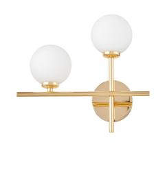 Applique lampada da parete moderno di design in metallo oro con 2 luci a sfera in vetro bianco MARSIADA NEO