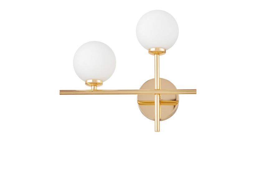 Applique lampada da parete moderno di design in metallo oro con 2 luci a sfera in vetro bianco MARSIADA NEO