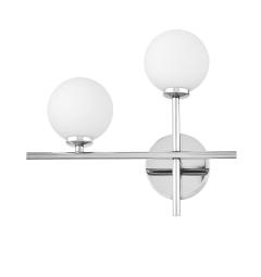 Applique lampada da parete moderno di design in metallo cromato con 2 luci a sfera in vetro bianco MARSIADA NEO