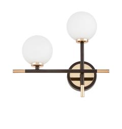 Applique lampada da parete moderno di design in metallo nero e oro con 2 luci a sfera in vetro bianco MARSIADA NEO