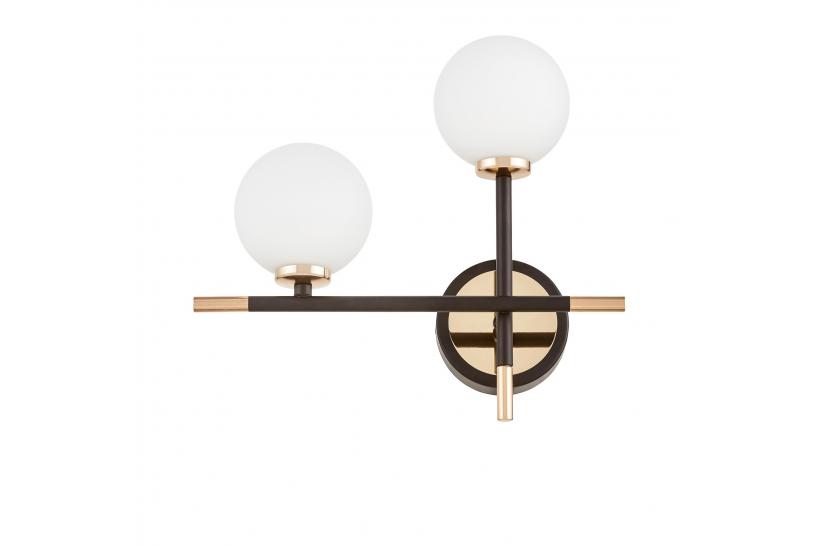 Applique lampada da parete moderno di design in metallo nero e oro con 2 luci a sfera in vetro bianco MARSIADA NEO