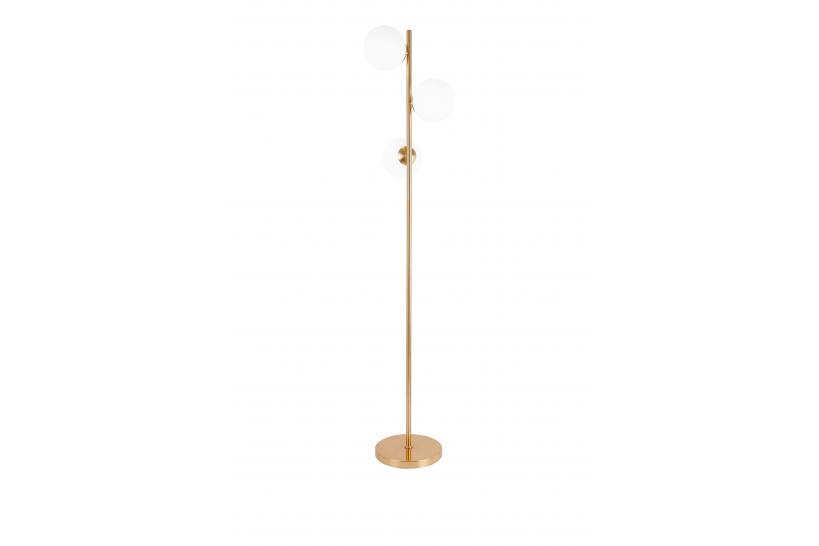 Lampada da terra di design moderno in metallo colore oro con tre paralumi a forma di sfera in vetro bianco FREDICA W3