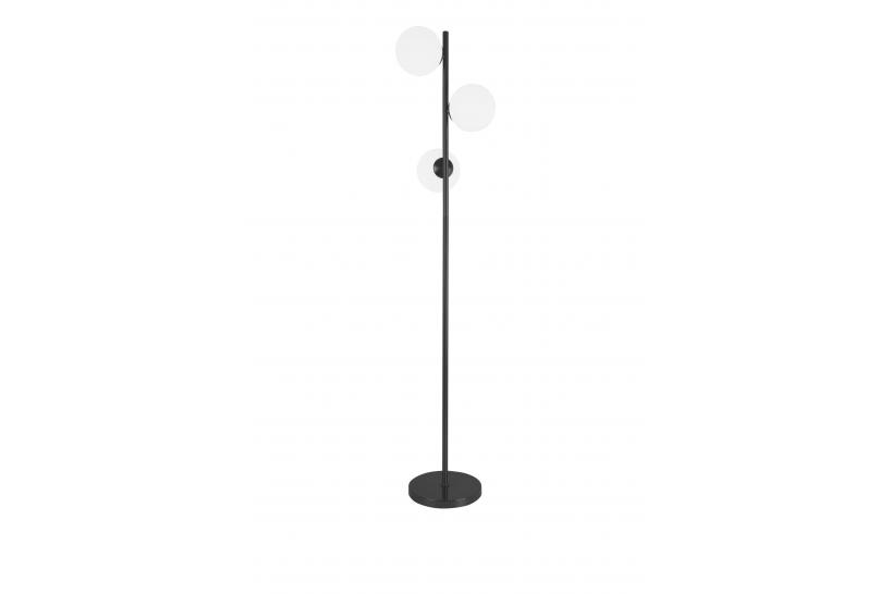 Lampada da terra di design moderno in metallo colore nero con tre paralumi a forma di sfera in vetro bianco FREDICA W3