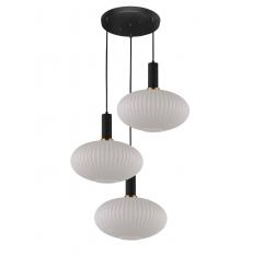 Lampada a sospensione moderno di design a 3 sfere in vetro colore bianco, attacco al soffitto in metallo colore nero FLORI W3