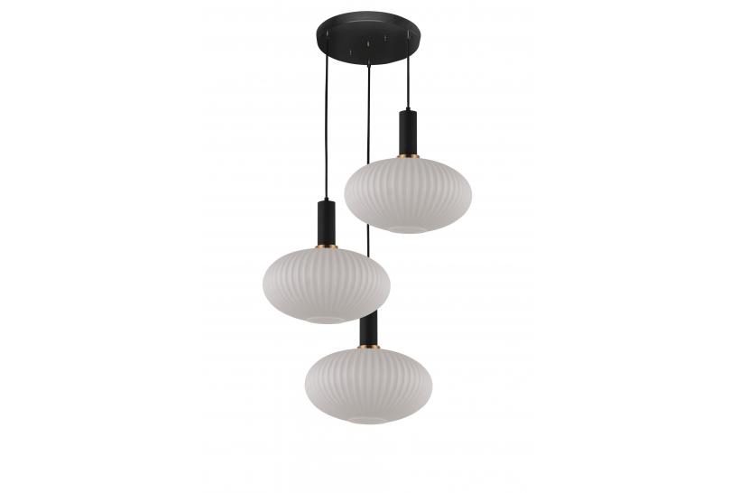 Lampada a sospensione moderno di design a 3 sfere in vetro colore bianco, attacco al soffitto in metallo colore nero FLORI W3