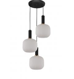 Lampada a sospensione moderno di design a tre sfere in vetro colore bianco, attacco al soffitto in metallo colore nero GATO.