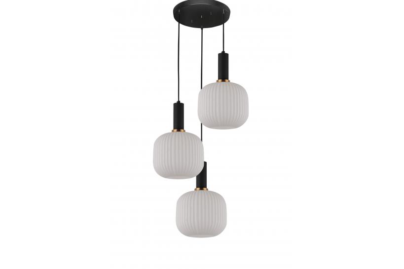 Lampada a sospensione moderno di design a tre sfere in vetro colore bianco, attacco al soffitto in metallo colore nero GATO.