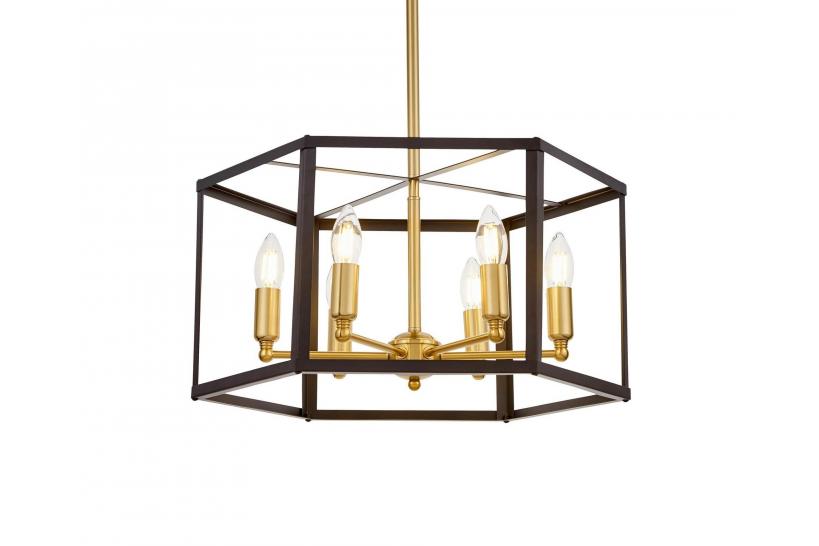 Lampadario a sospensione esagonale in stile industriale vintage di metallo in colore nero con ottone LORTON W6.