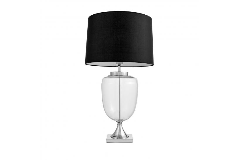 La lampada da tavolo o comodino OLIMPIA con paralume nero un mix di tre materiali vetro trasparente, metallo e tessuto ignifugo.