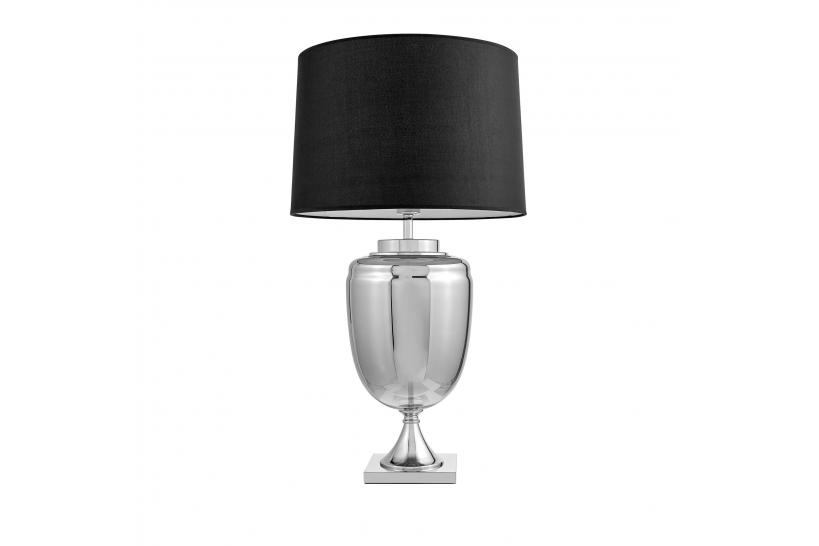 La lampada da tavolo o comodino OLIMPIA con paralume nero un mix di tre materiali vetro argentato, metallo e tessuto ignifugo.