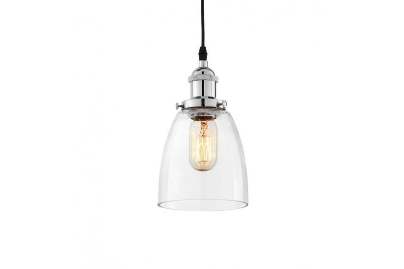Lampada design a sospensione con paralume a forma vaso in vetro trasparente, attacco al soffitto in metallo cromato