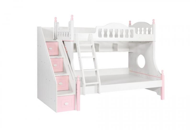 Letto a castello con scala contenitore bianco e rosa bambine