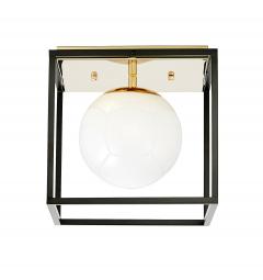 Plafoniera quadrata di design in metallo nero oro con sfera in vetro bianco