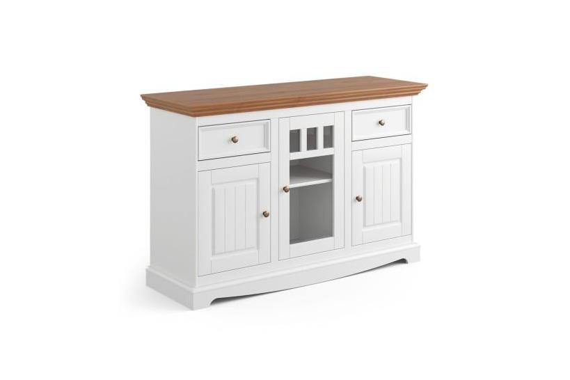 Credenza con vetrina bicolore shabby chic pino massello bianco e rovere