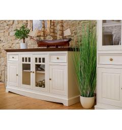 Credenza con vetrina shabby chic pino massello bianco e noce