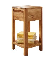 Tavolino alto con cassetto in legno naturale massello di rovere oliato stile moderno