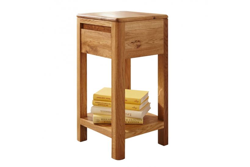 Tavolino alto con cassetto in legno naturale massello di rovere oliato stile moderno