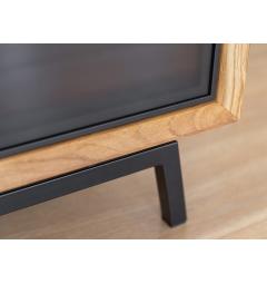 porta tv moderno in legno naturale massello e cassetto con frontale vetro grafite