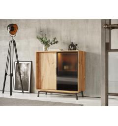 Credenza in legno naturale massello e vetro con portabottiglie