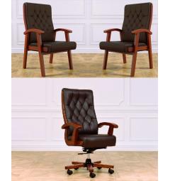 Set poltrona girevole ufficio classico dirigenziale vera pelle+ 2 sedie ospiti vera pelle CONSUL marrone
