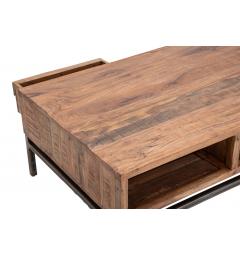 Tavolo da caffé rettangolare in legno massello di acacia con cassetto e ripiano gambe in metallo nero