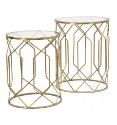 coppia tavolini struttura in ferro oro e piano in vetro