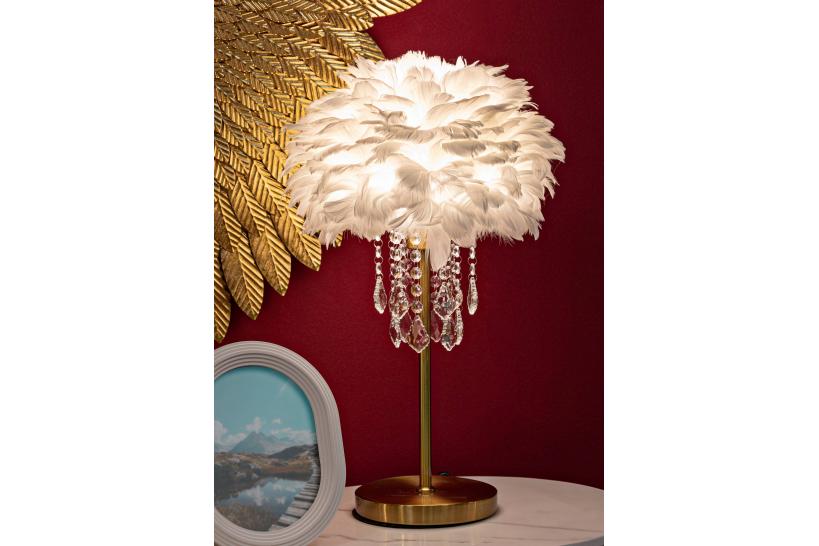 Lampada da tavolo in metallo dorato dal design lineare paralume con piume sintetiche Lampada da tavolo in metallo dorato dal design lineare paralume con piume sintetiche