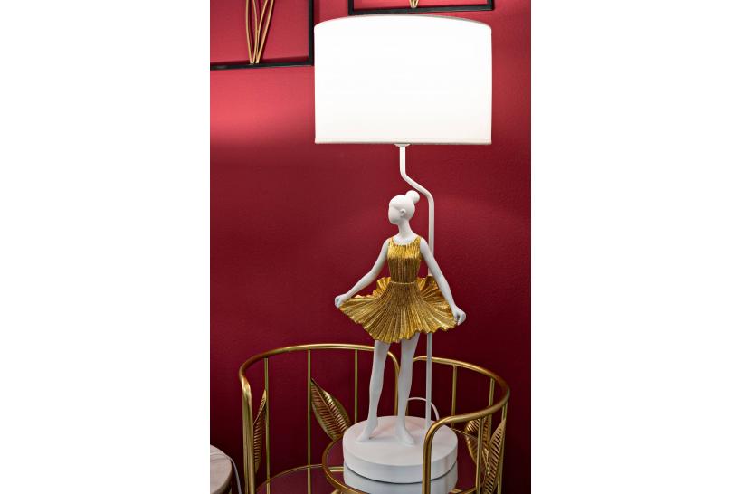 Lampada da tavolo in metallo e resina a forma di ballerina con elegante vestito dorato Lampada da tavolo in metallo e resina a forma di ballerina con elegante vestito dorato