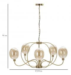 Lampadario in metallo dorato dalle linee morbide e sinuose con 5 punti luce