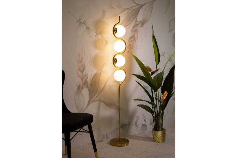 Piantana in metallo dorato dalle forme sinuose con 4 punti luci in eleganti sfere di vetro bianco