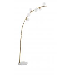 Piantana in metallo dorato con base in marmo dalla forma arquata. Completa di 6 punti luci in eleganti sfere di vetro bianco