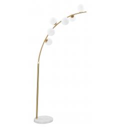 Piantana in metallo dorato con base in marmo dalla forma arquata. Completa di 6 punti luci in eleganti sfere di vetro bianco
